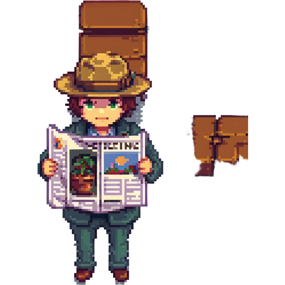 detective holding a newspaper in front of their face, only the detective's hat visible above the newspaper, pixel art style emoji