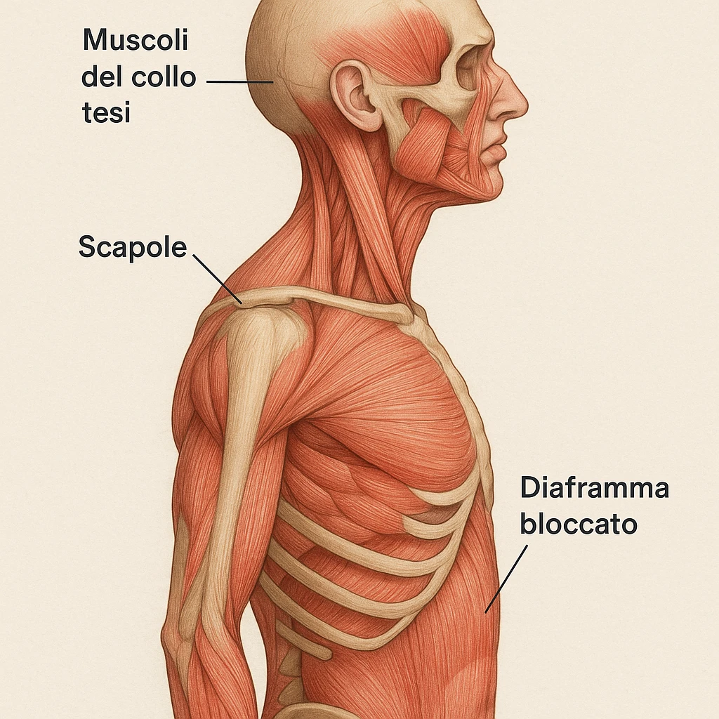 vista laterale con diaframma bloccato e muscoli del collo tesi, scapole in evidenza, etichette in italiano emoji