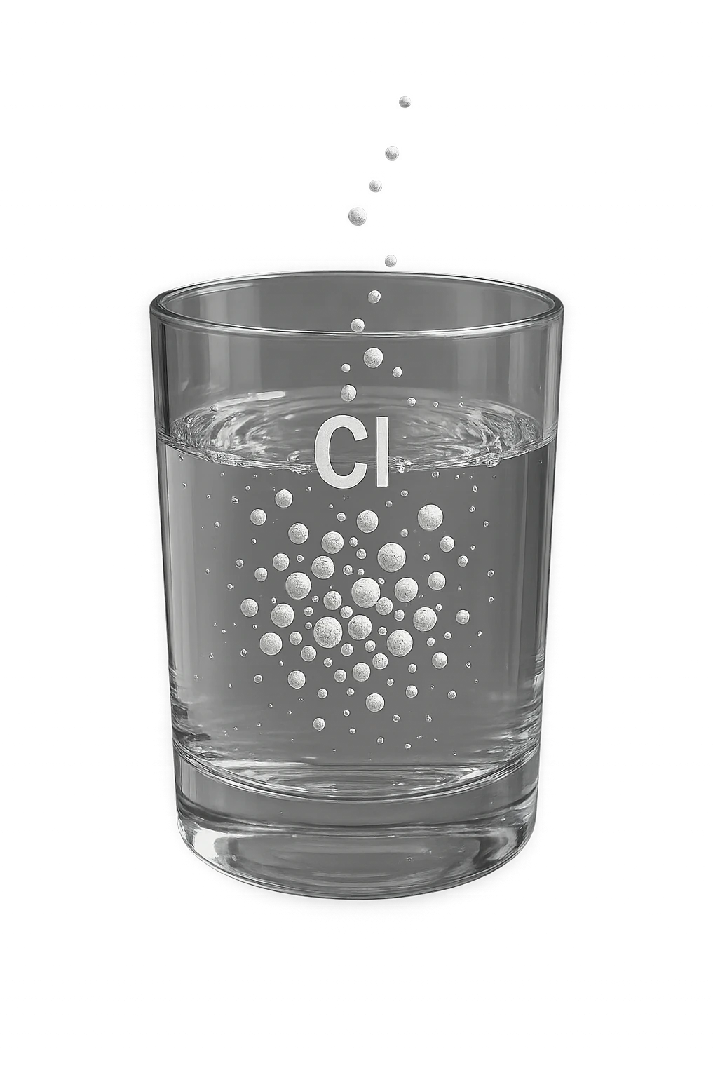 un bicchiere di acqua fluttua in aria realistico e dettagliato, dentro l'acqua del bicchiere ci sono particelle di cloro ben visibili con la scritta "Cl" sopra, ci sono particelle anche che escono dal bicchiere e fluttuano in aria verticalmente, mentre alcune sono all'interno dell'acqua nel bicchiere, iperrealistico 4k emoji