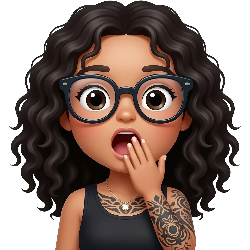 Kawaii style round very light brown skin glossy with oversized glasses and a full black tattooed arm and long curly black hair, yawning with hand in front of mouth emoji