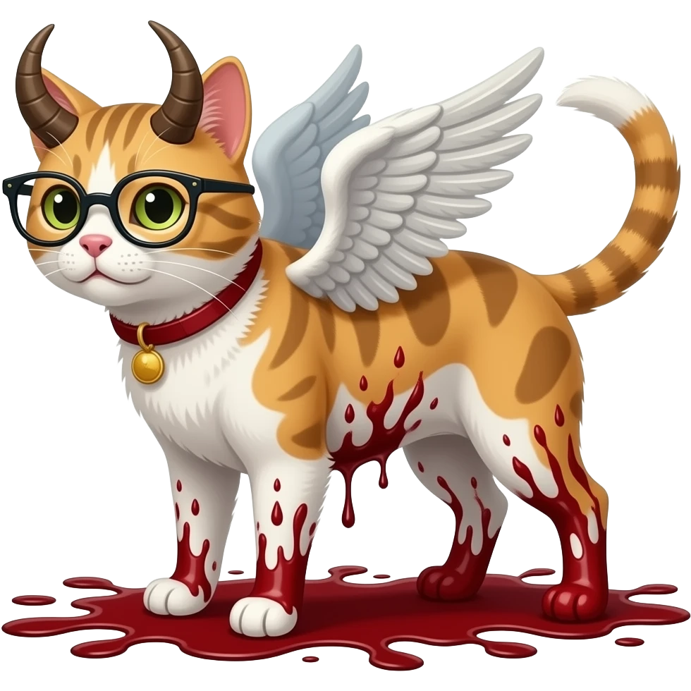 Faça um gato com óculos com Asa e com metade do corpo de cachorro e com chifres e com um rabo grandão com o corpo cheio de sangue e sem cabeça com a cabeça no chão emoji