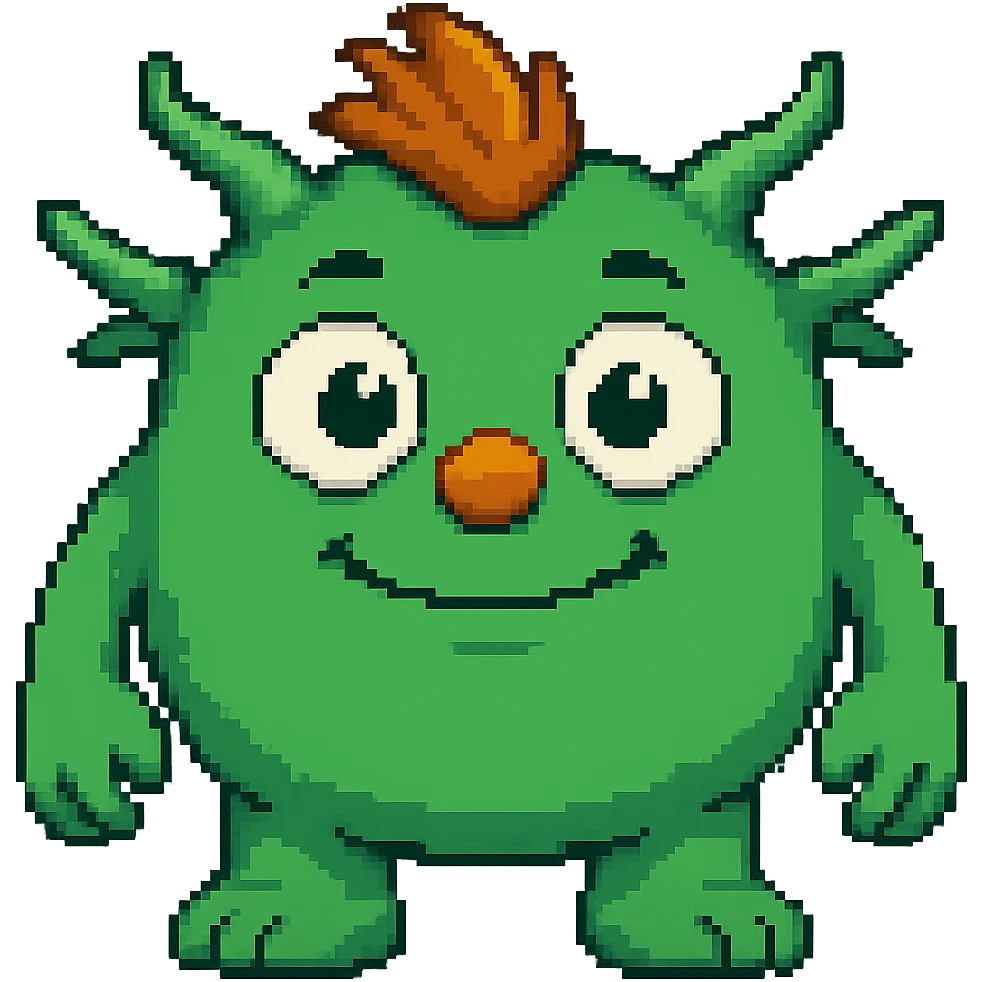 Make the monster Kelly green, give it a more oval face, and make it look friendlier. Keep the orange nose and orange hair. Preserve transparent background. emoji