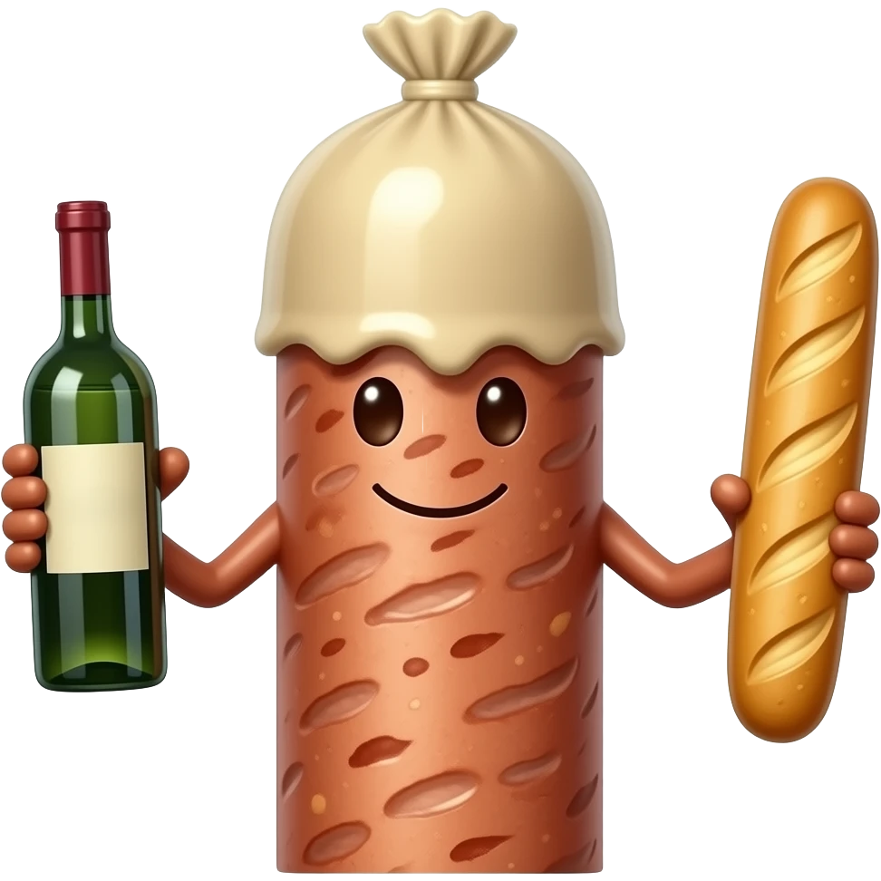 Full Sausage with a condom up to tip. The sausage has arms with a bottle of wine in one hand and a baguette in the other emoji