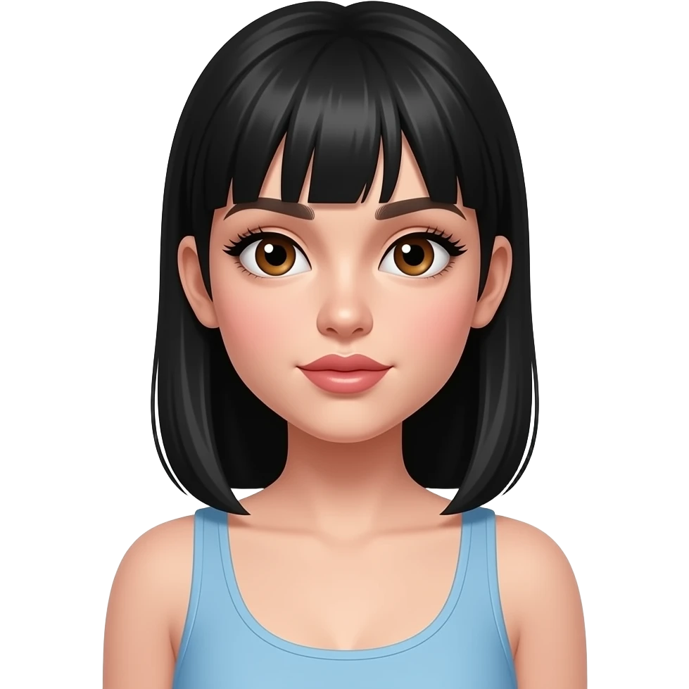 white girl, very beautiful woman, with big plump lips, long long lashes, black straight hair with face framing pieces tucked behind ears, brown eyes, light blue tank emoji