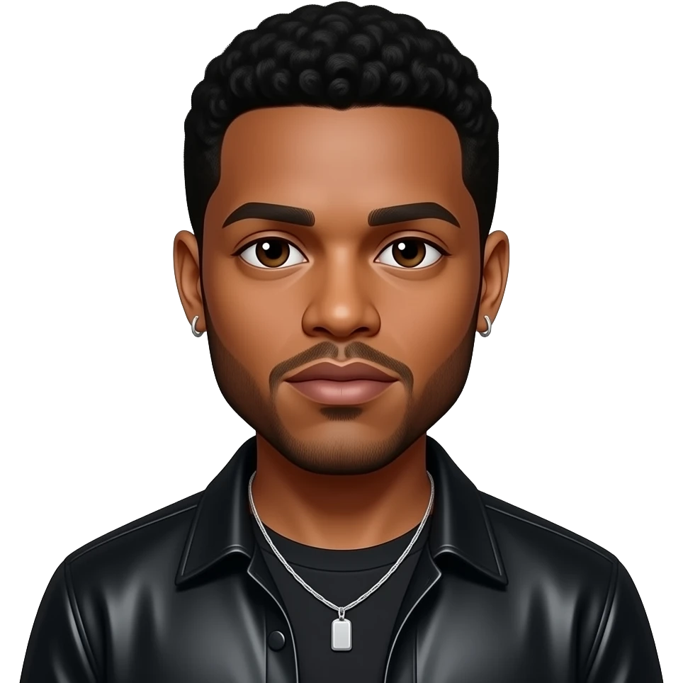 The Weeknd with dark brown eyes, black short afro hair, black metallic shirt, silver necklace and short earrings emoji