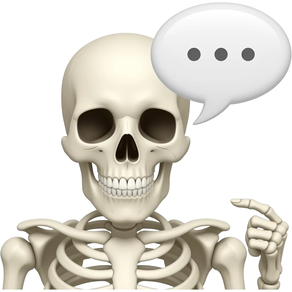 Skelwton head and shoulder with chat bubble  above it emoji