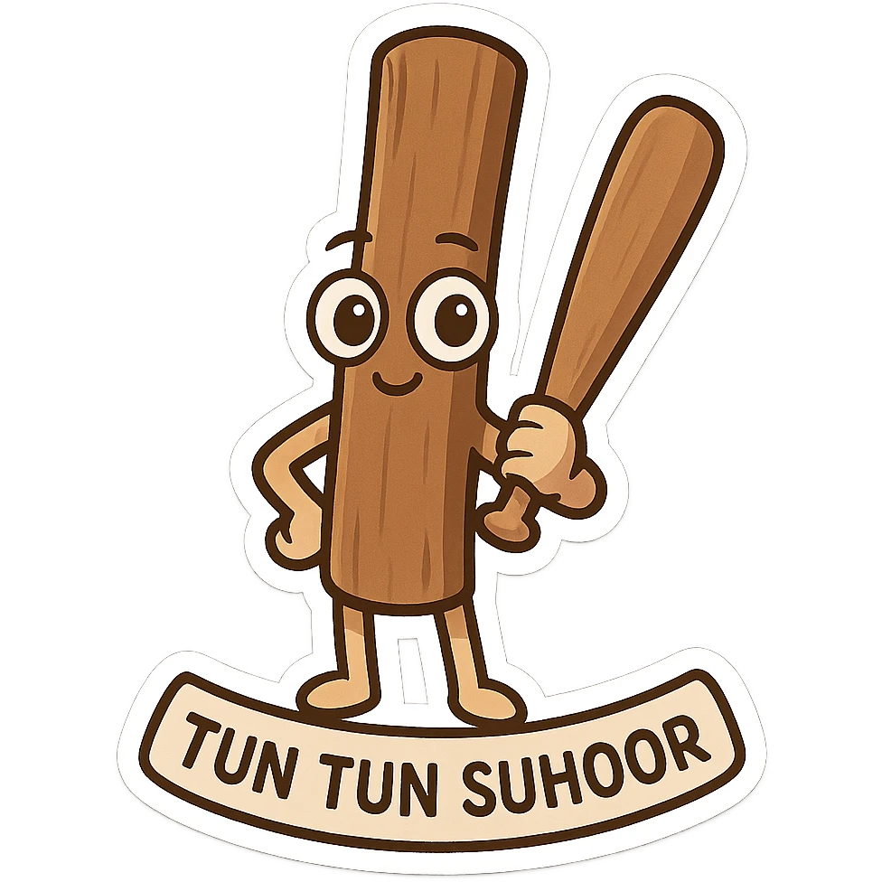 Chibi emoji of a wooden stick character (Tun Tun Suhoor), smooth brown stick body, big cartoon eyes and small smile on wood, human arms and legs, holding a wooden bat, funny and absurd meme energy, no text emoji