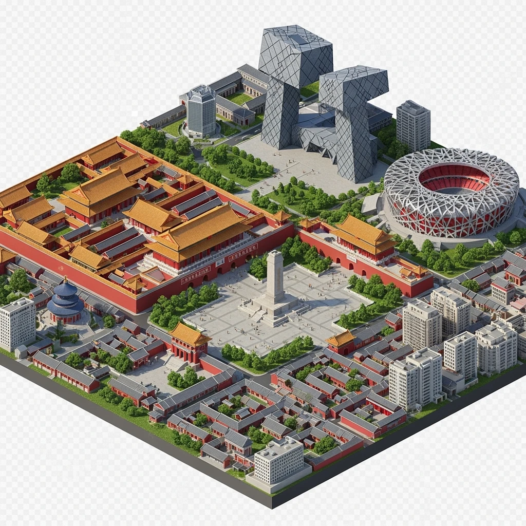 Isometric miniature of Beijing Forbidden City, Tiananmen Square, CCTV Headquarters, Temple of Heaven, Bird’s Nest Stadium and crowded hutong alleys, apartment blocks, 3D miniature effect and Tilt Shift effect, no cartoonish look, transparent background. emoji
