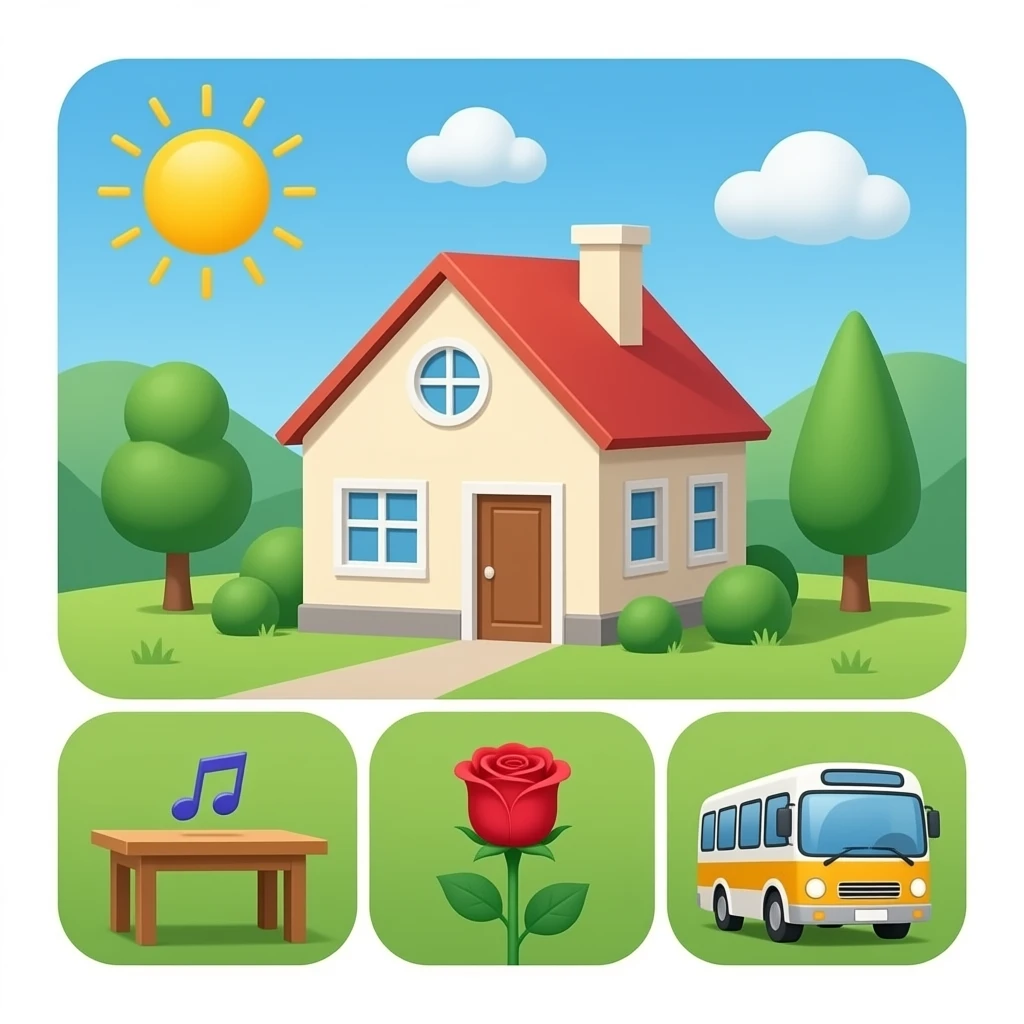 Casa, Mesa, Música, Rosa e Ônibus emoji