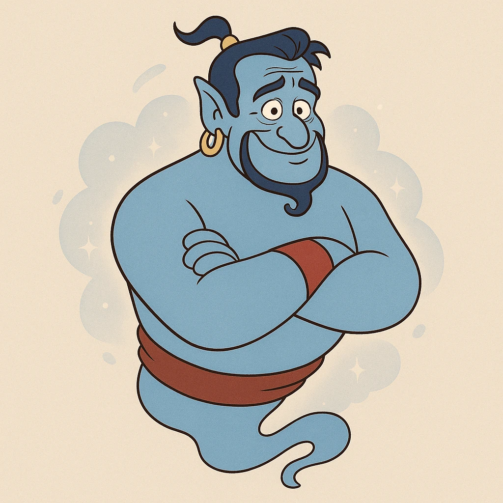 Genie character, blue, inspired by Robin Williams, floating, arms crossed, magical aura, cartoon style emoji