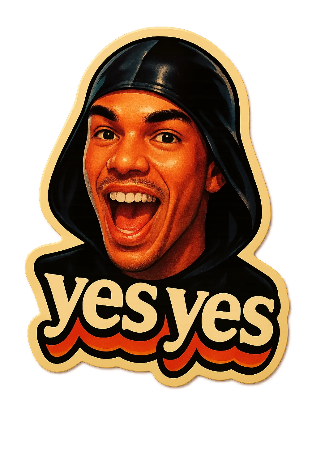 excited smile with mouth open
add the words “yes yes" in White emoji