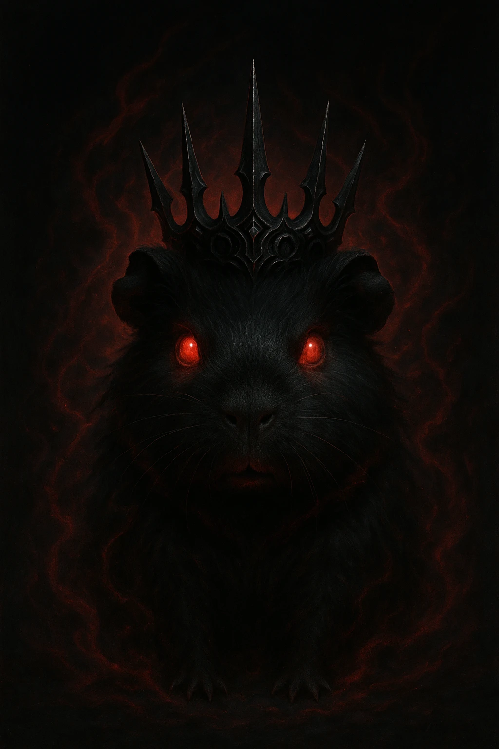 black guinea pig, red glowing eyes, demon crown with spikes, evil aura, dark background emoji