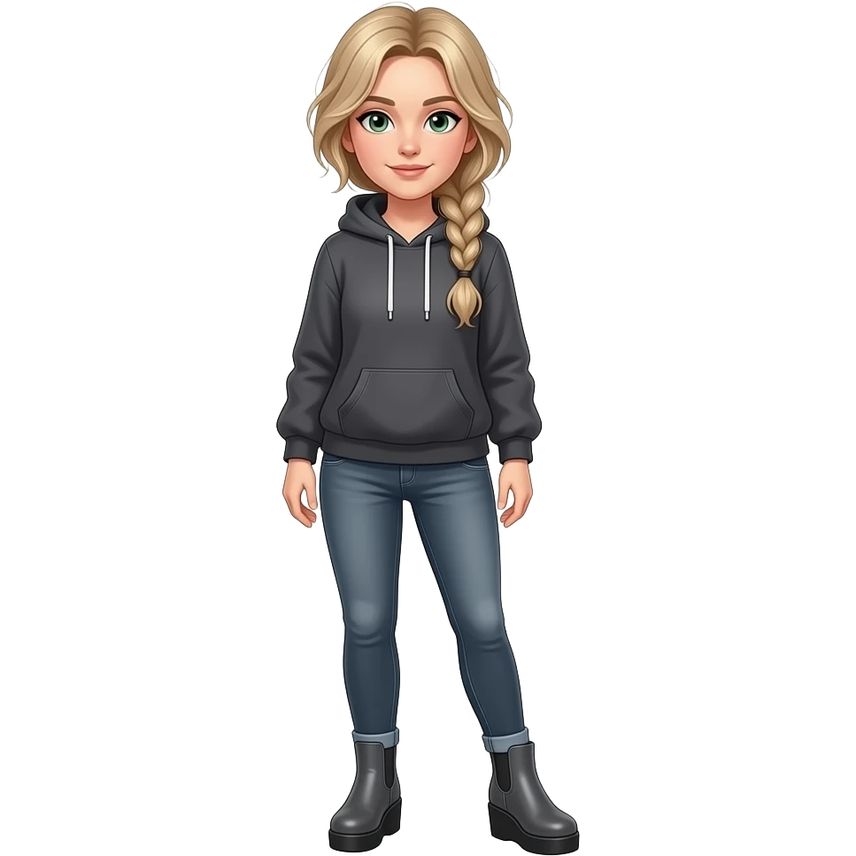 girl in her 30s, dirty blonde hair, messy low side braid, green eyes, glasses dark grey hoodie, gunmetal gray fitted jeans, charcoal color platform wedge bootie emoji