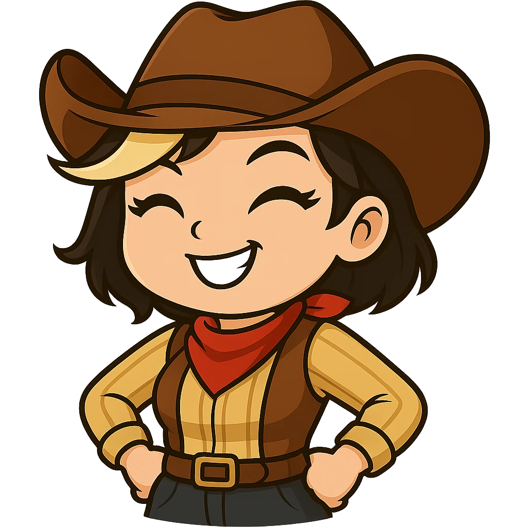 Chibi cowgirl with short hair and a blonde streak, wearing a cowboy hat and western outfit, no guns, chibi/anime style, transparent background, sized for Twitch or Discord use. Pose: hands on hips, big confident smile. emoji