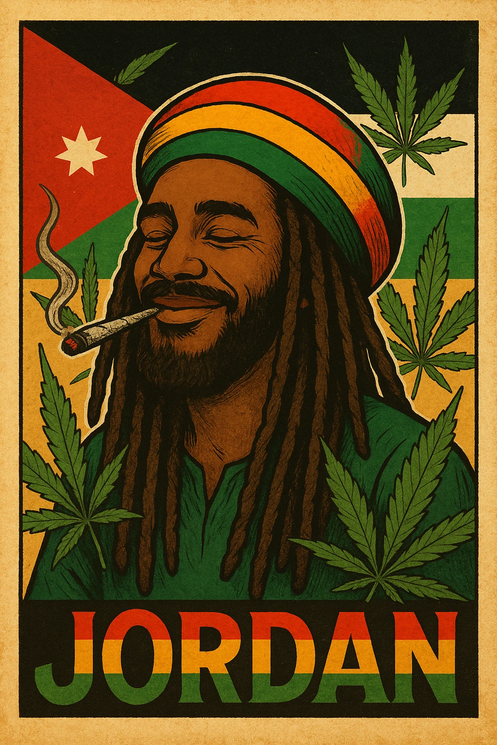 A digital vintage-style poster illustration of a Jordanian Rasta man with dreadlocks, wearing a red, yellow, green striped tam hat. He is smiling peacefully with a lit herbal spliff in his mouth. The background features the official Jordan flag — black, white, green horizontal stripes with a red triangle and a white 7-point star — accurately displayed behind him. Cannabis leaves are tastefully arranged around the composition, and the poster includes Rasta color textures blended with the Jordanian palette. Use a retro poster style with warm, slightly aged textures, bold outlines, and soft shading to evoke a soulful reggae vibe that honors both Jordanian pride and Rasta spirit. The mood is chill, powerful, and respectful emoji
