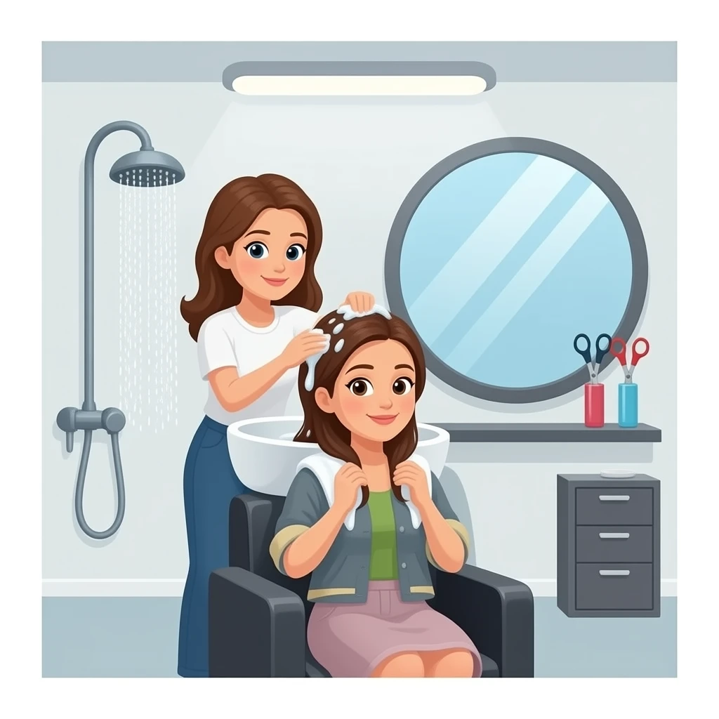 💇‍♀️🚿🪑✂️🪞🏢 — “salon hair wash day” emoji