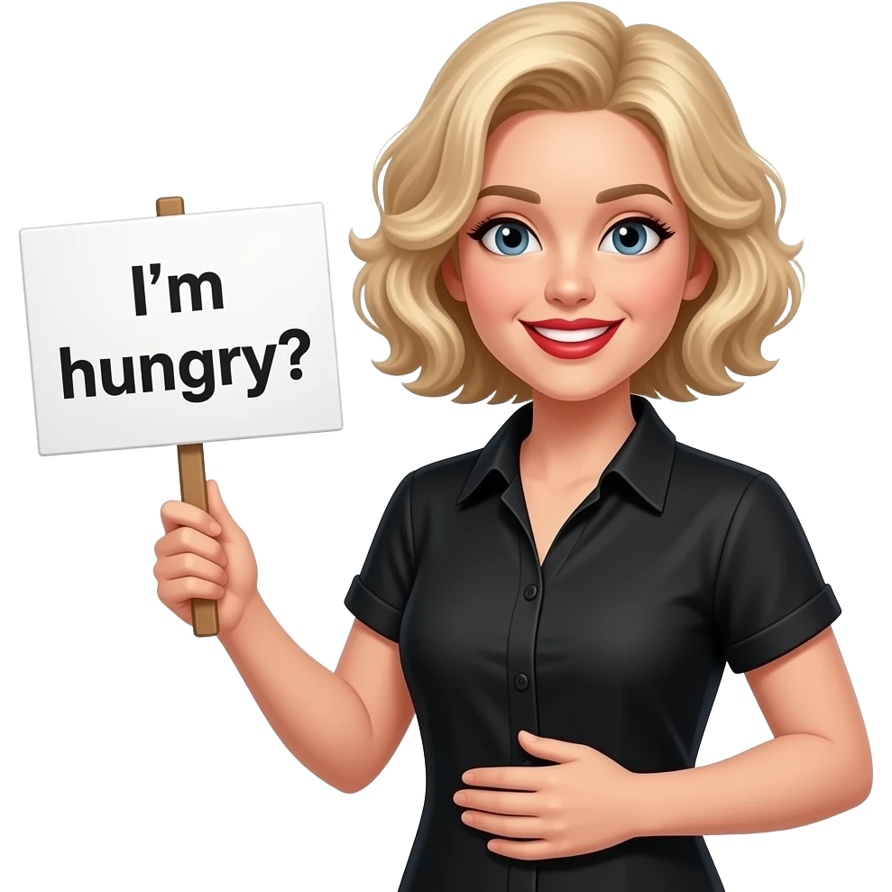 short blonde curly hair side swept bob with shy smile, red lipstick with a sign saying I hunger, my tummy is rummbling in a black short sleeve blouse emoji
