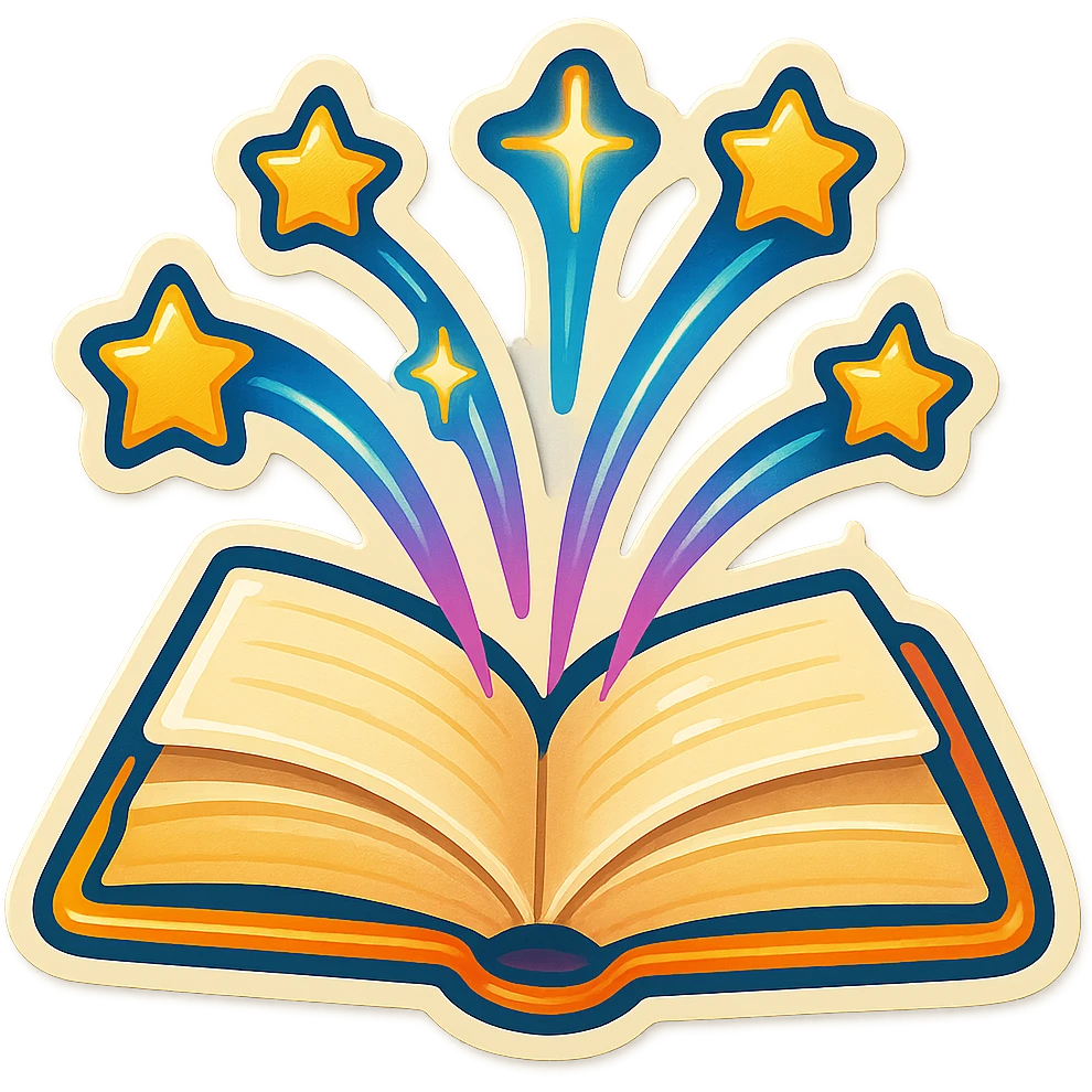 open book with only stars and glowing lines flying out, no twigs or leaves, retro sticker style, shadows and highlights emoji