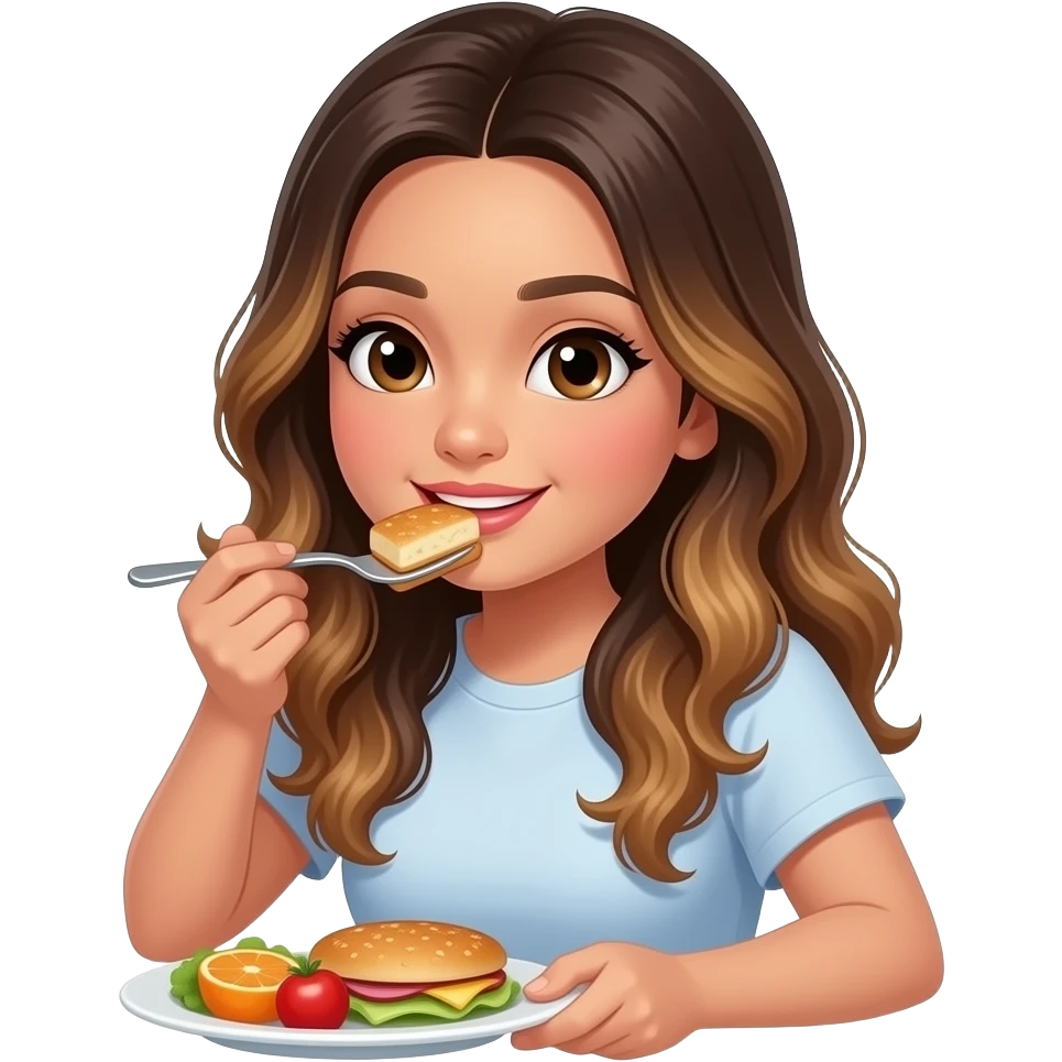 Beautiful Filipino girl beautiful eyes with long wavy hair balayage eating breakfast 45 degree angle emoji