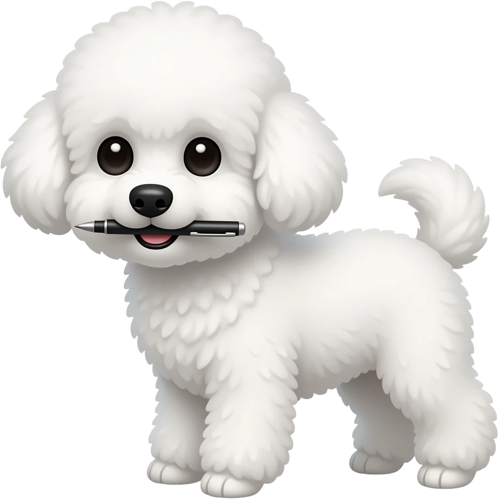 white Bichon holding pen using mouth emoji