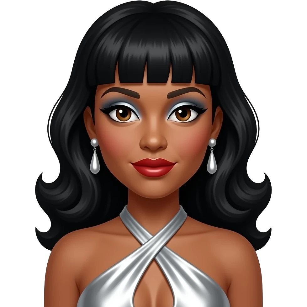 Tenitra Michelle Williams with dark brown eyes, long black 60s beehive hair, silver eyeshadow, red lipstick, silver metallic halter dress, silver earrings emoji