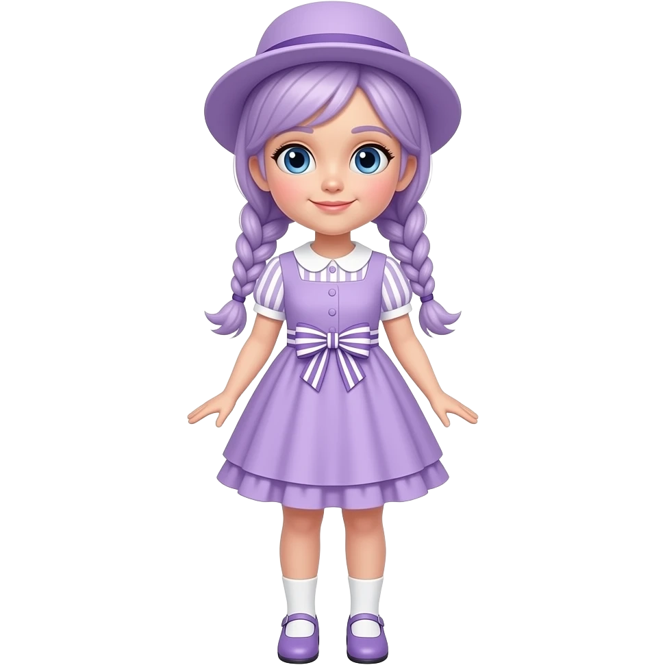 A girl with pale purple hair tied in braids and blue eyes, wearing a pale purple dress with white striped short sleeves and skirt, a pale purple frill, and a pale purple and white striped waist bow, pale purple shoes with white socks, and a pale purple hat. emoji