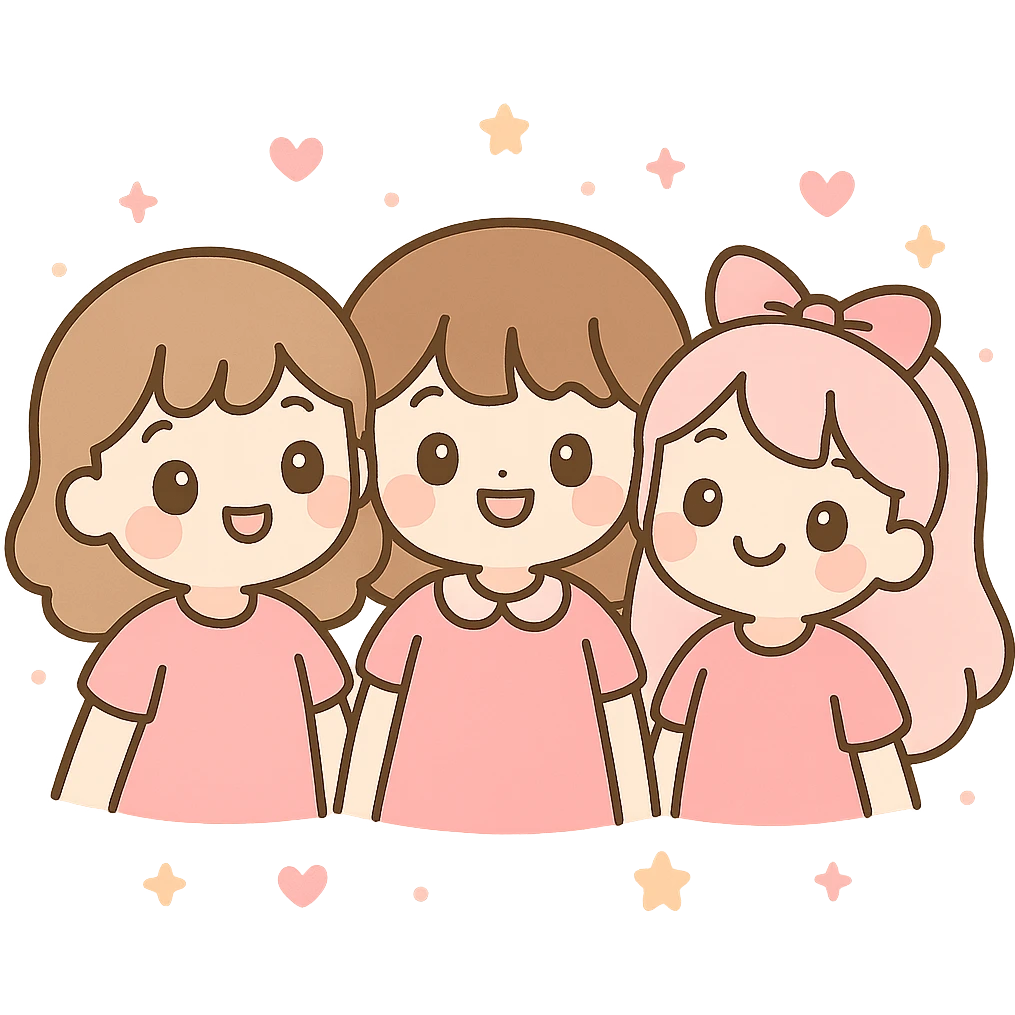three girl best friends, cute cartoon style, top half of their bodies visible, all wearing pink, smiling, cheerful expressions emoji