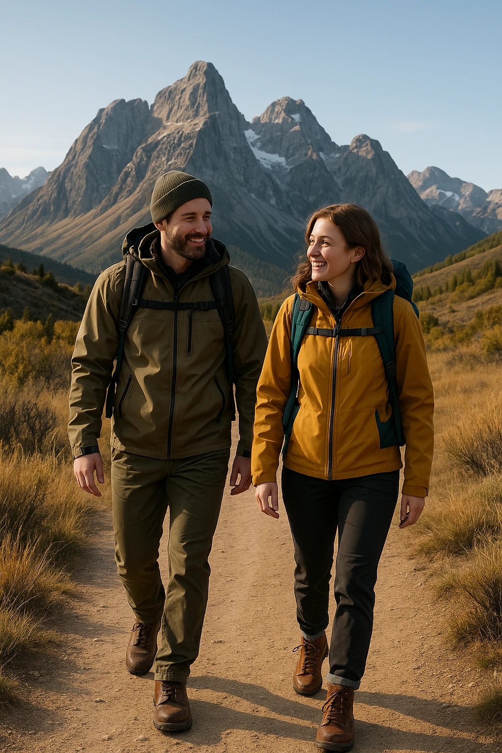a gentleman and a lady hiking together, both in outdoor gear, with a mountain background emoji