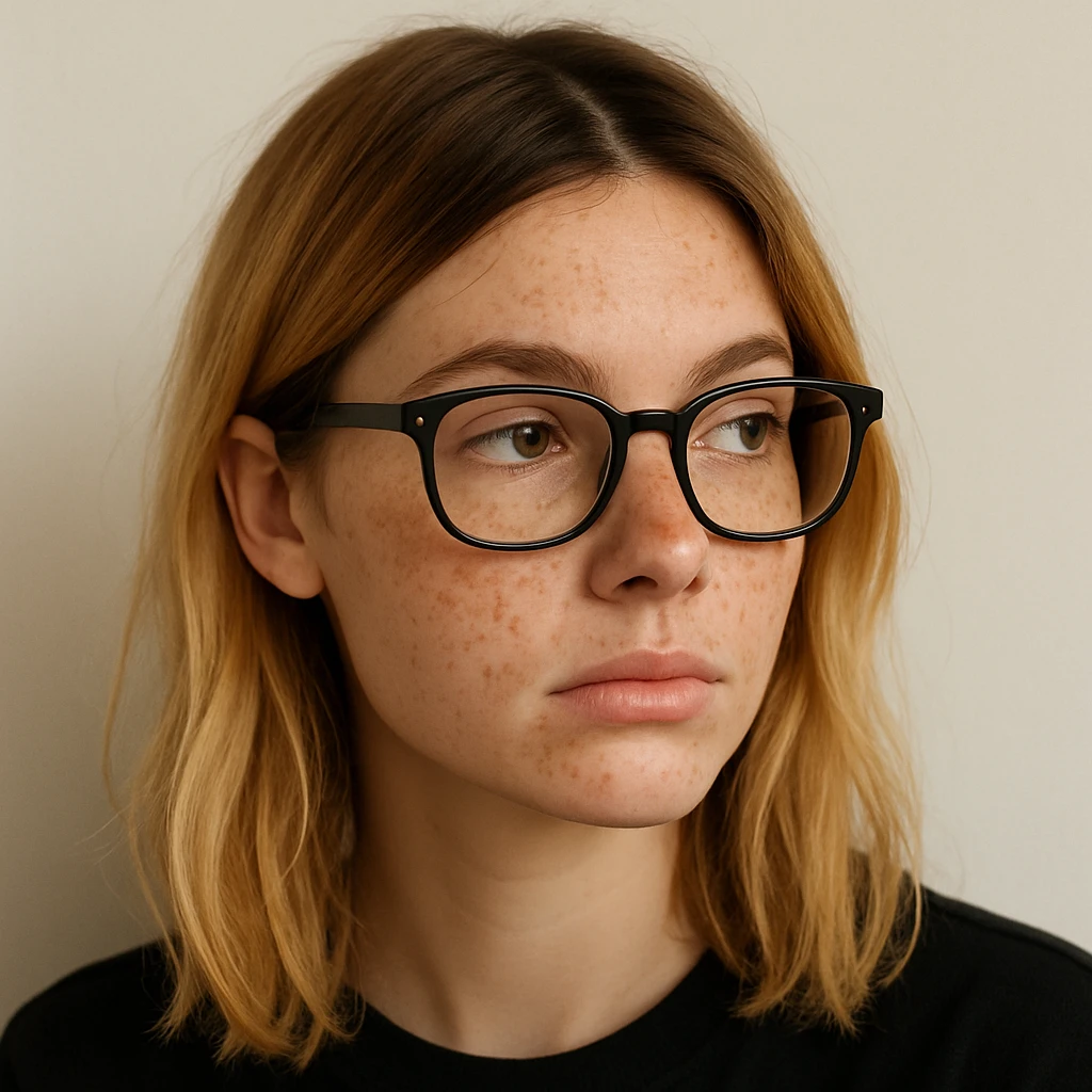 blonde girl with brown roots, freckles, and black frame glasses, looking to the side, minimal background emoji