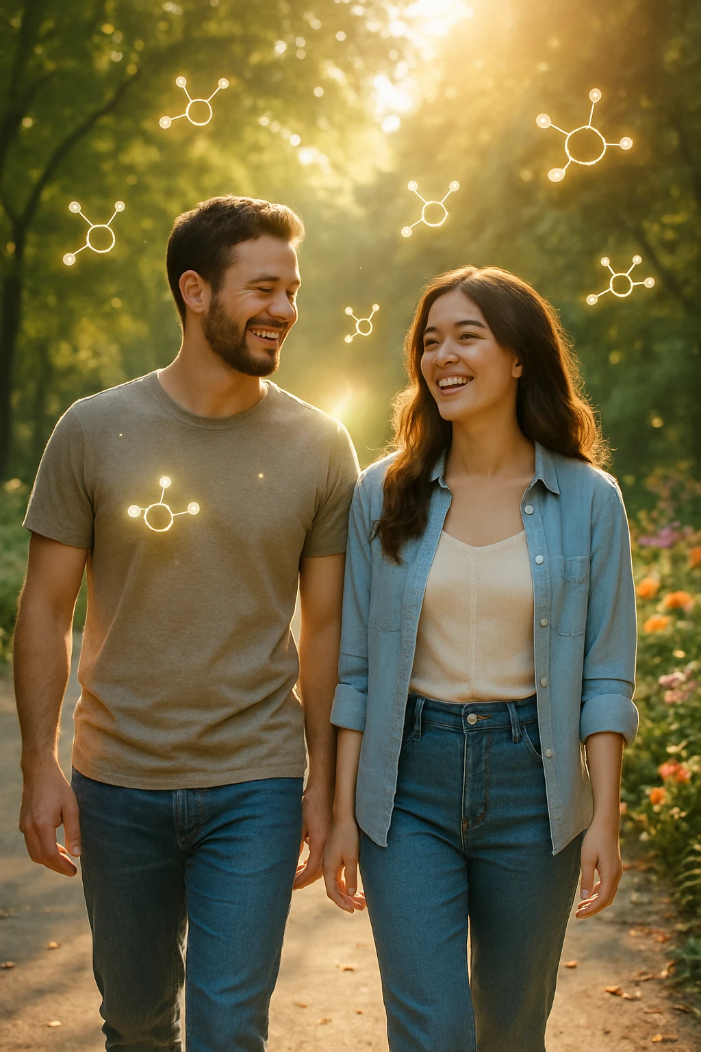 a smiling man and woman walk together along a sunlit park path, surrounded by green trees and blooming flowers. Sunbeams gently illuminate their faces, and subtle, glowing dopamine symbols float around them, symbolizing natural, healthy pleasure. The mood is uplifting and serene. emoji