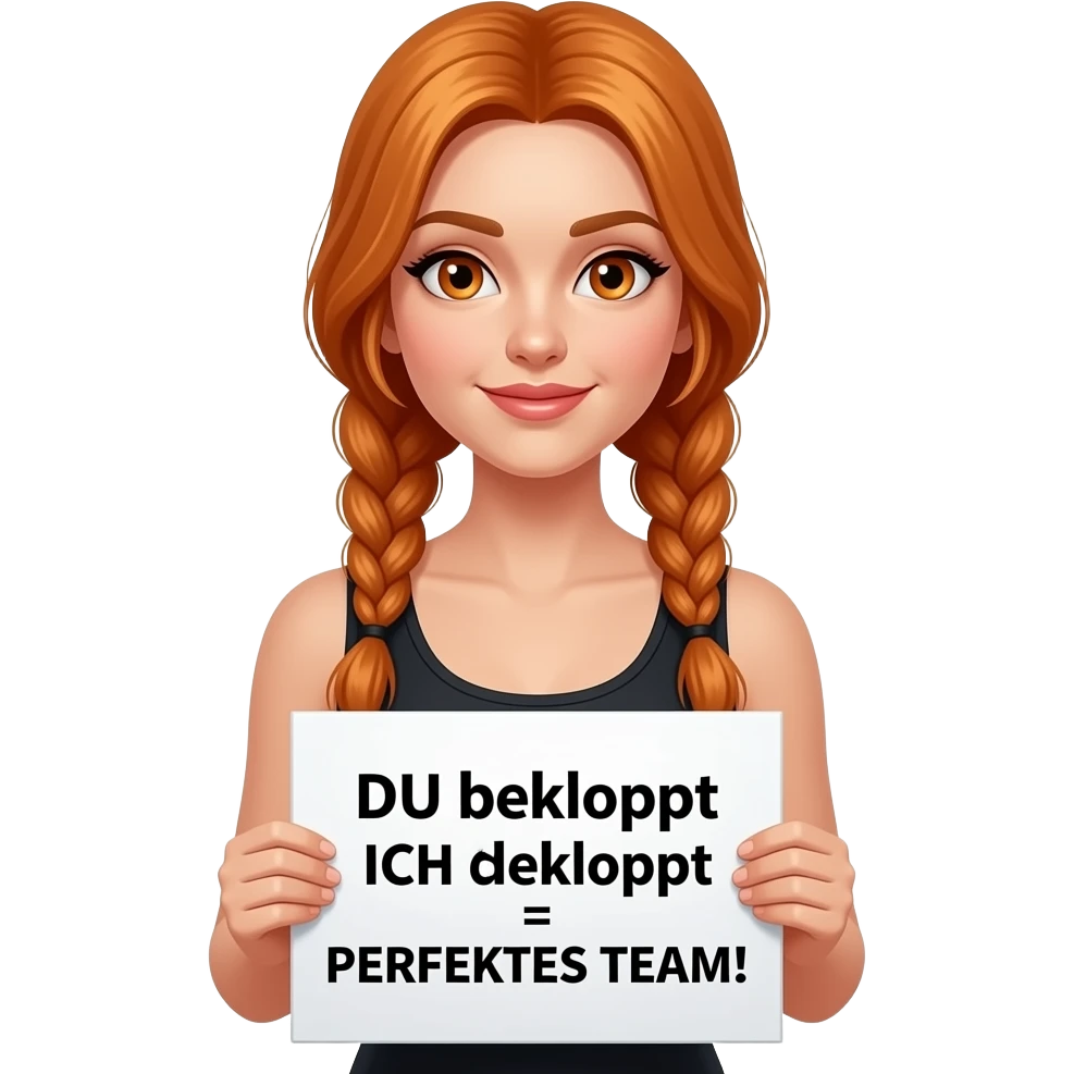 sexy girl with long ginger braids and ginger eyes wearing a black tanktop and is holding a white sign with DU bekloppt ICH bekloppt = PERFEKTES TEAM! written on it emoji