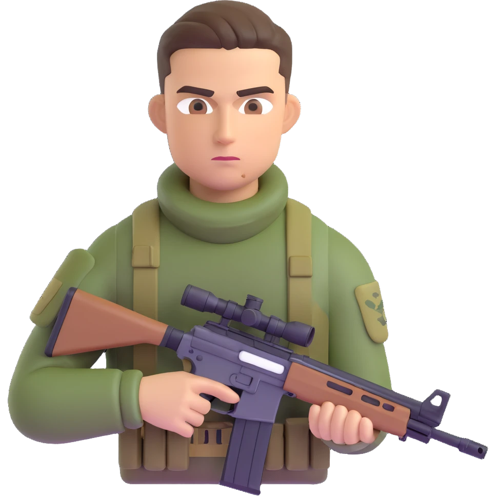 Add camouflage face paint to the muscular soldier, keep the slicked-back hair and sniper rifle, preserve 3D emoji style, no background. emoji