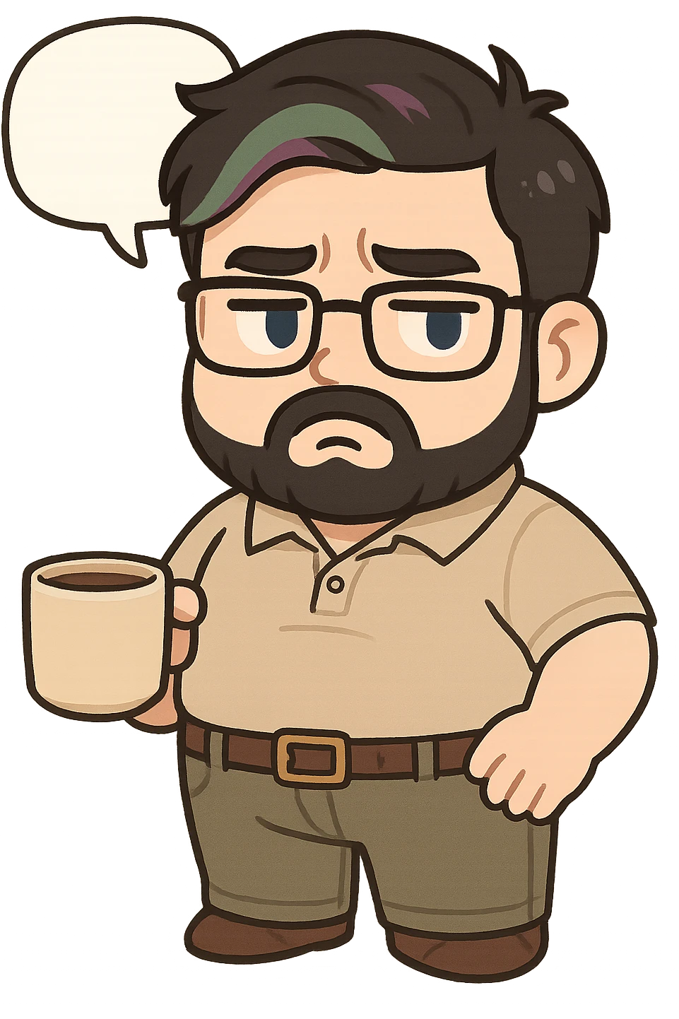 A realism art illustration art style of handsome plus-size man with black hair and a purple to green ombre streak, black beard, blue eye, glasses, dressed like a dad, holding a coffee mug, blank speech bubble, frowning  emoji