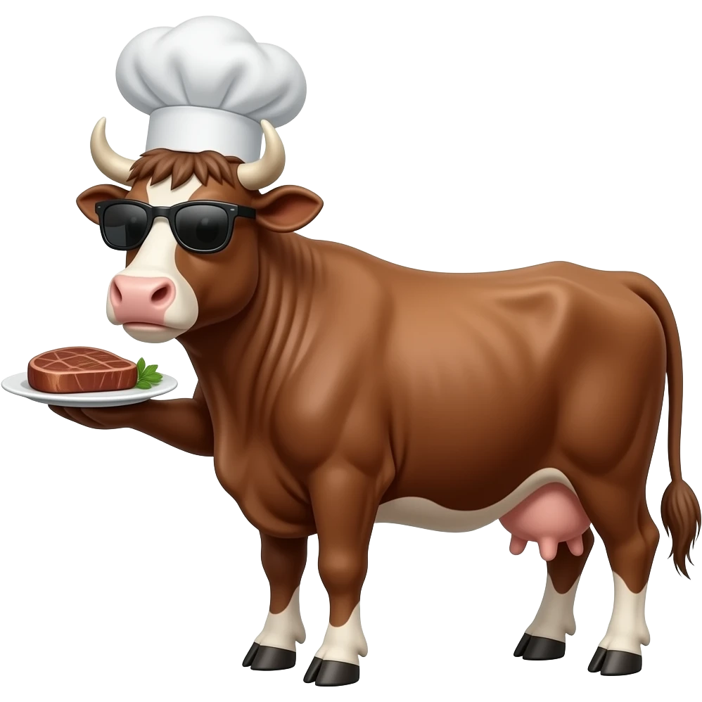 a  face of cool male brown cow with chef hat sunglasses serving you a steak emoji