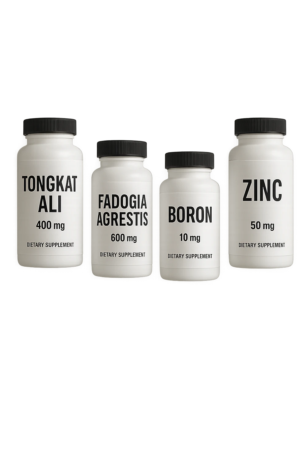 4 boccette di integratore: Tongkat Ali, Fadogia Agrestis, Boron e Zinco fluttuano in aria verticalmente emoji