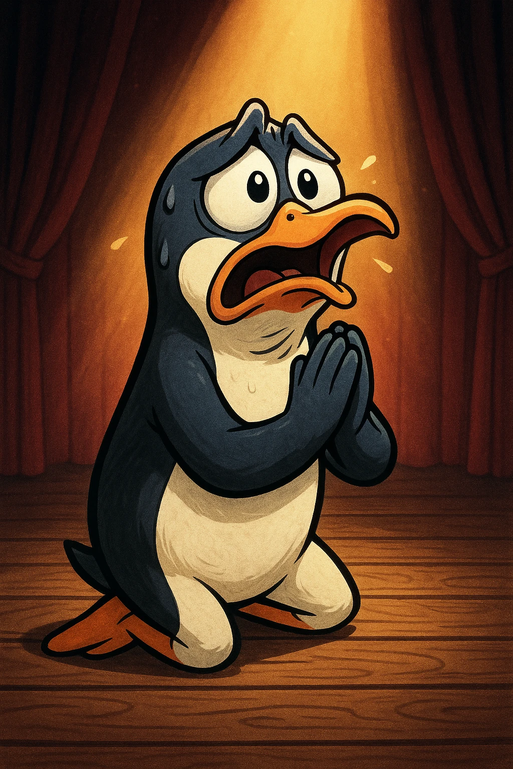 a cartoon penguin kneeling, flippers pressed together, dramatic facial expression, praying and begging, stage-like background, theatrical lighting emoji
