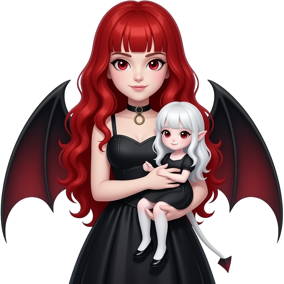 Vampiro femmina 12enne con capelli lunghi rosso fuoco ondulati e con una frangetta con pelle bianca che indossa un vestito stretto in vita e largo sotto lungo e nero e sta in braccio al papà VAMPIRO giovane e con la pelle bianca emoji