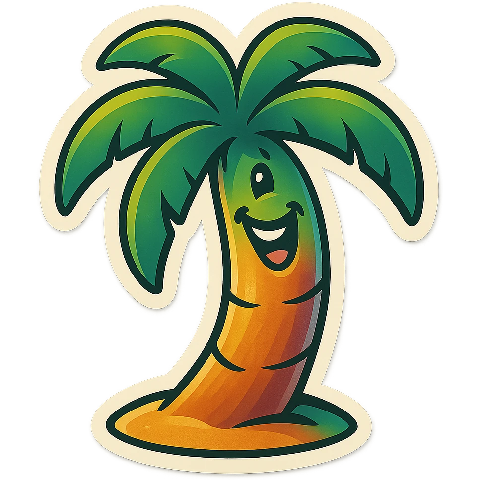 A happy palm tree with a big smile, swaying in the summer breeze. emoji