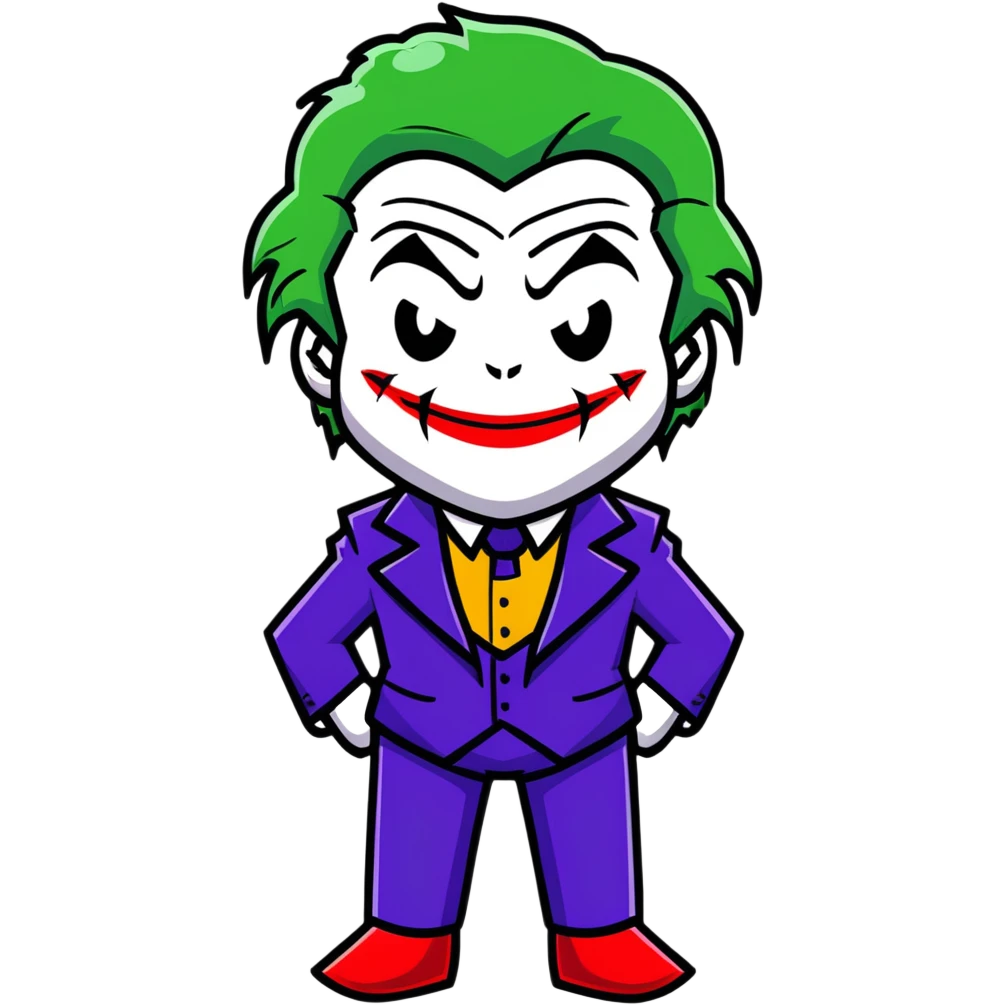 The Joker villain full body with green hair, purple suit, white face, red lips, sinister smile emoji