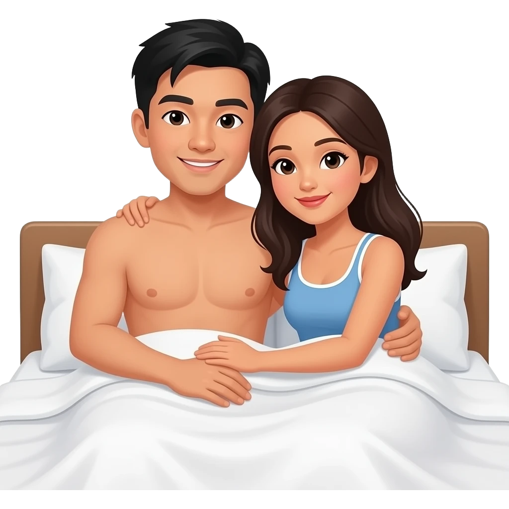 hot asian young guy and hot filipina girl cuddle in the bed, they are wearing underwear emoji