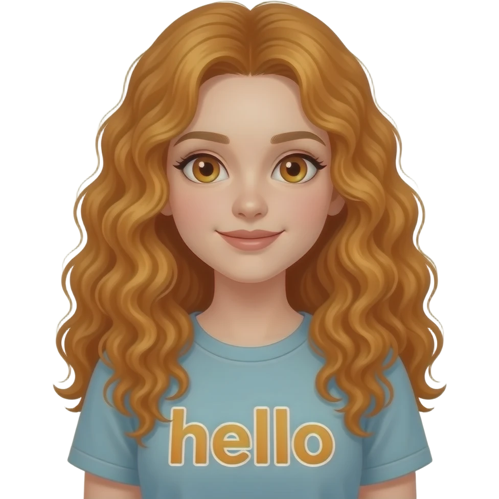 girl with long curly ginger hair and ginger eyes wearing a says hallo emoji