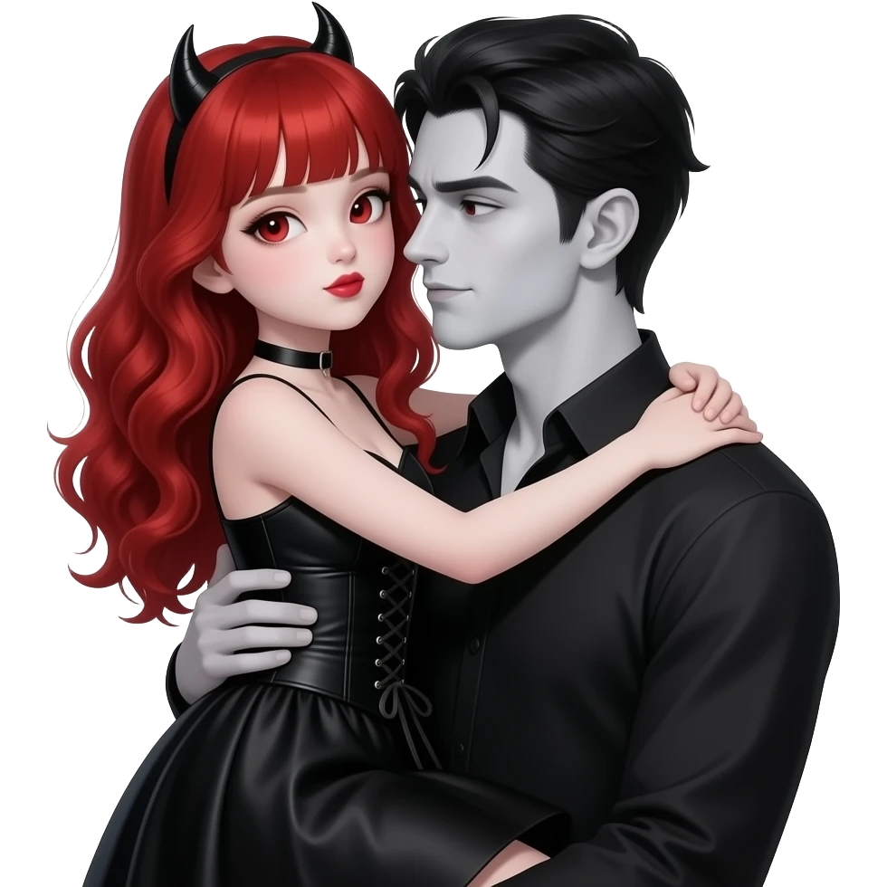 Bambina Vampiro femmina 12enne che dà un bacio sulla guanciacon capelli lunghi rosso fuoco ondulati e con una frangetta con pelle bianca che indossa un vestito stretto in vita e largo sotto lungo e nero e sta in braccio al papà VAMPIRO giovane pelle chiara emoji