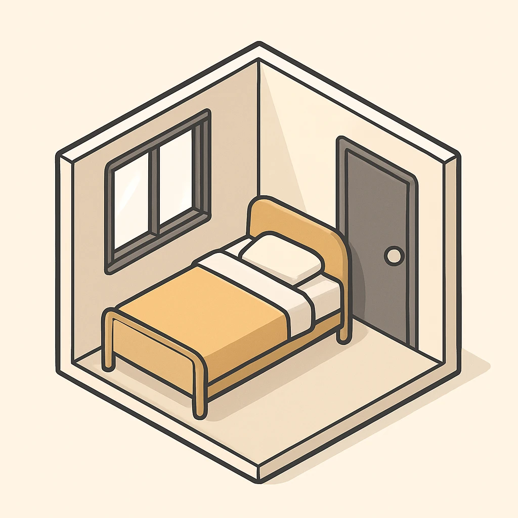 isometric apartment interior, bed, window, door, clean lines, neutral palette emoji