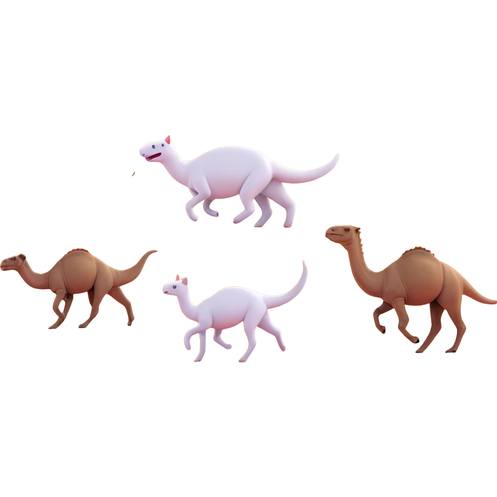 A white cat chasing a T-Rex in the desert with a herd of camels staring at them emoji