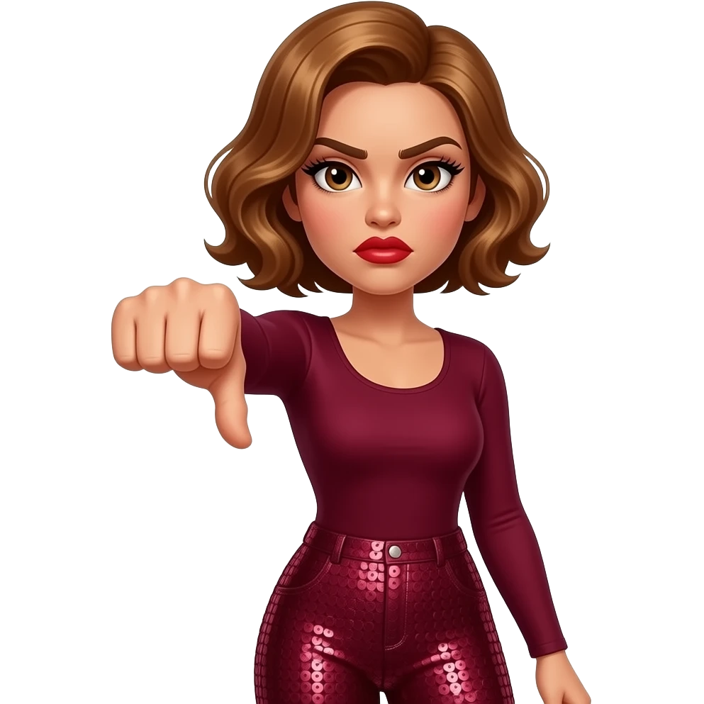 glamours,-tanned,-very-beautiful-woman-with-big-plump-red-lips,-long-lashes,-honey-silky-very short- hair,-wavy-hair,-hazel-eyes- wearing-Burgundy-Long-sleeved-bodysuit-Burgundy- sequinned-pants-Her-eyes-sparkle-and-she-is-frowning.-Hand-up-with-thumb-down. emoji