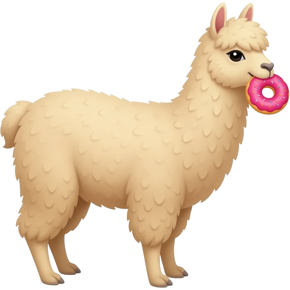 llama eating a pink donut. make his face turned to the right though byt standing emoji