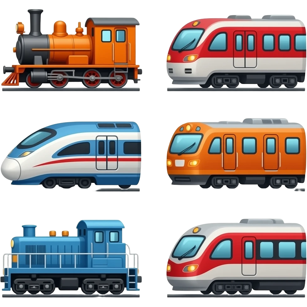 7 orange red blue trains in diffrent types emoji