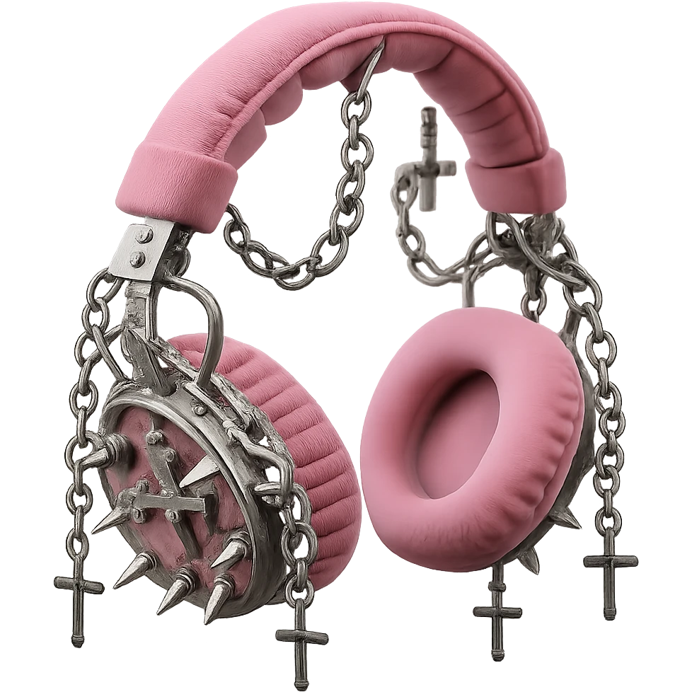 Add dramatic silver chains and dangling cross charms to the realistic pink gothic headphones with velvet ear cups, silver spikes, and subtle cross motifs. Keep the background transparent. Maintain the realistic pink gothic style with velvet texture and silver details. emoji