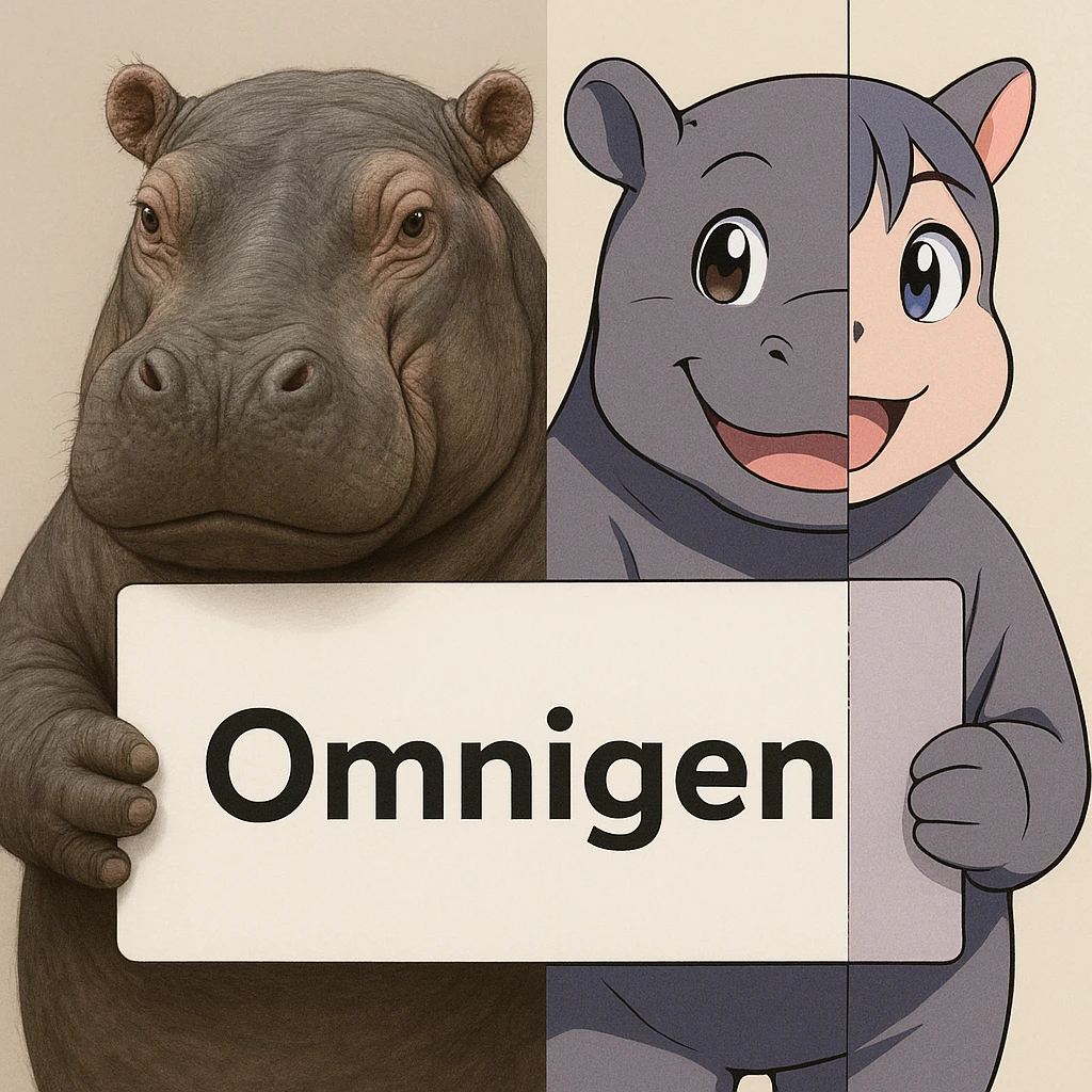 two hippo holding sign of omnigen, half picture 1 hippo is realistic another half is the anime of that same second hippo, with before after mark emoji