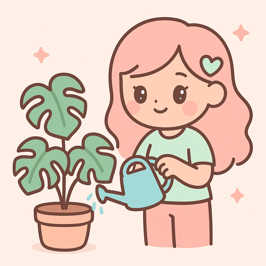 woman watering her monstera plant emoji
